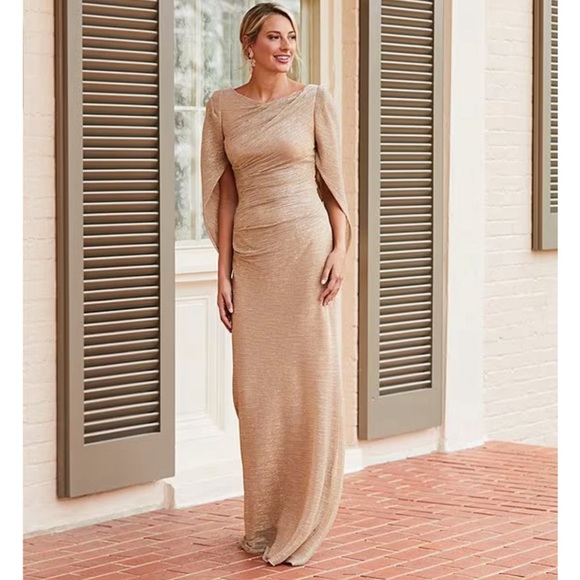 Betsy Adam Gold Drape Back Detail Sleeve Round Neck Metallic Crinkle Ruched Gown - Picture 8 of 9